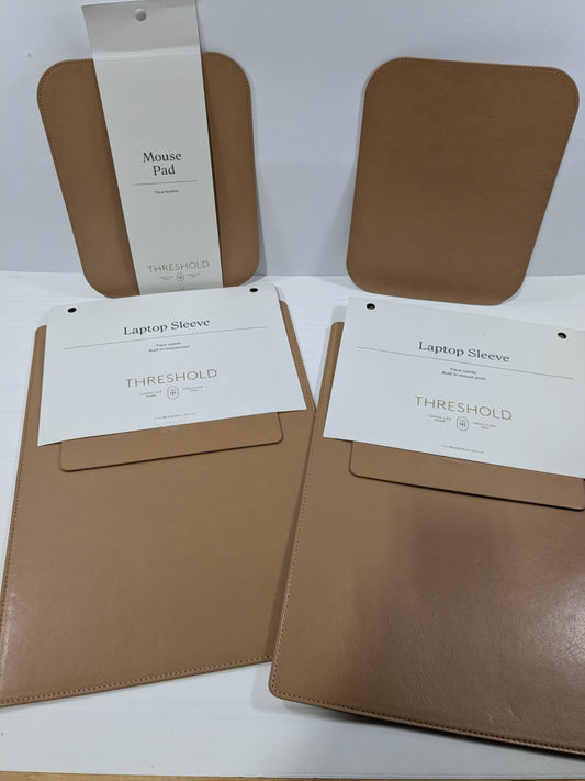 2x Threshold Faux Leather Laptop Sleeve + Mouse Pad Set Tan Office Accessory