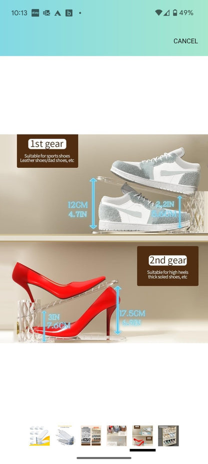 15 Pack Shoe Slots Organizer, Adjustable Shoe Stacker. Clear And Gold Design.