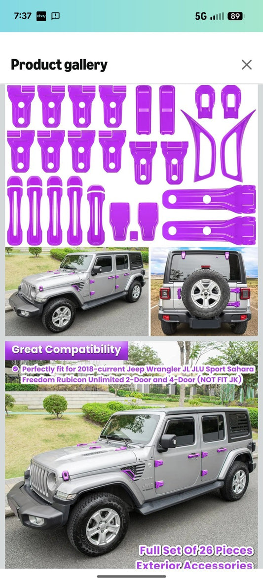 26pcs Purple Exterior Door Hinge & Trim Cover Kit for Jeep Wrangler JL 2018-2023