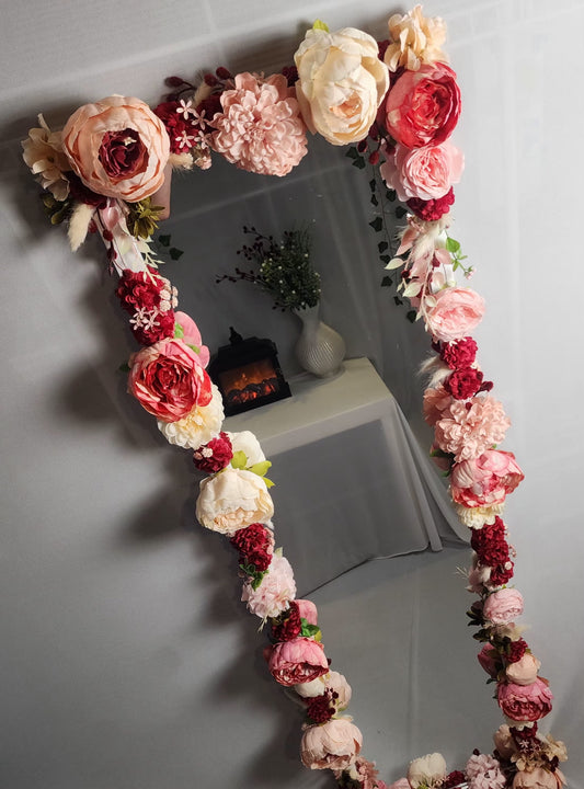Floral Full Length Mirror Frame – Handmade Decorated with Pink & Red Faux Flowers