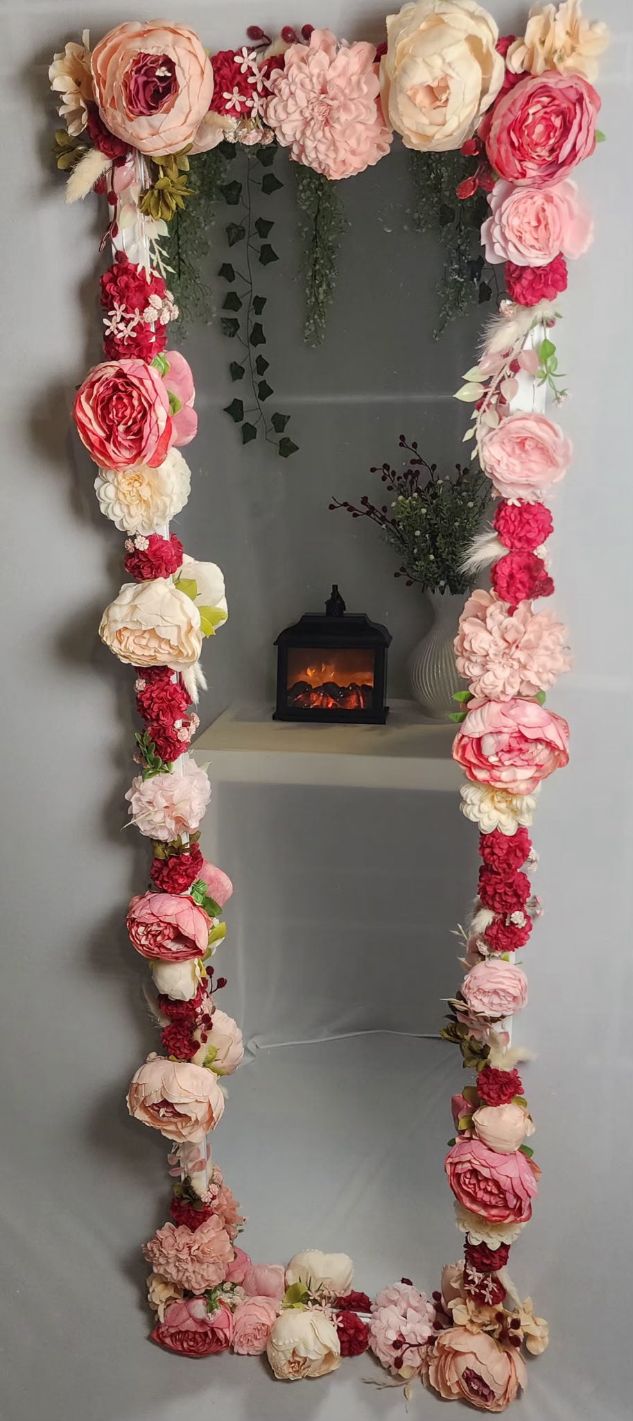 Floral Full Length Mirror Frame – Handmade Decorated with Pink & Red Faux Flowers